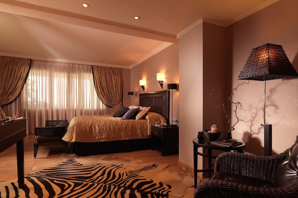 A hotel room with a bed, a desk, a chair, a lamp, and a zebra-patterned rug.