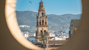 A view through a circular window of a bell tower, buildings, and hills in the background.