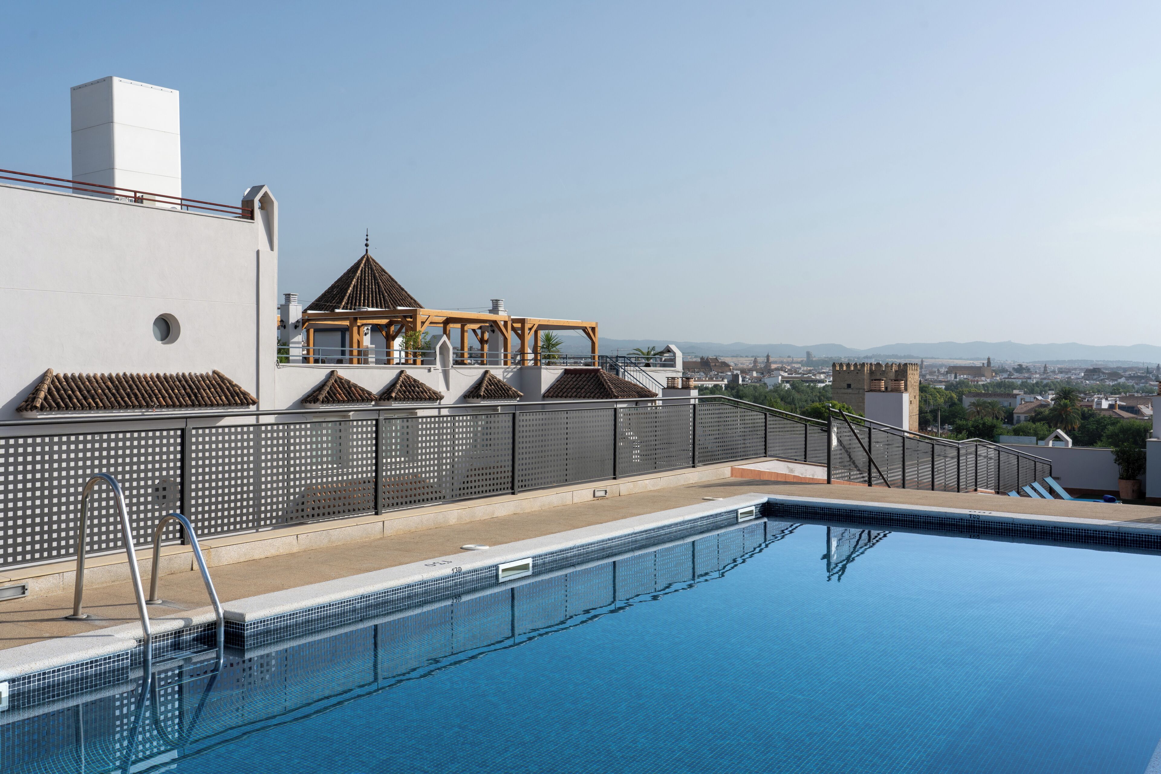 Ein Pool auf dem Dach mit Blick auf eine Stadtlandschaft und ein traditionelles Gebäude mit einem Ziegeldach.