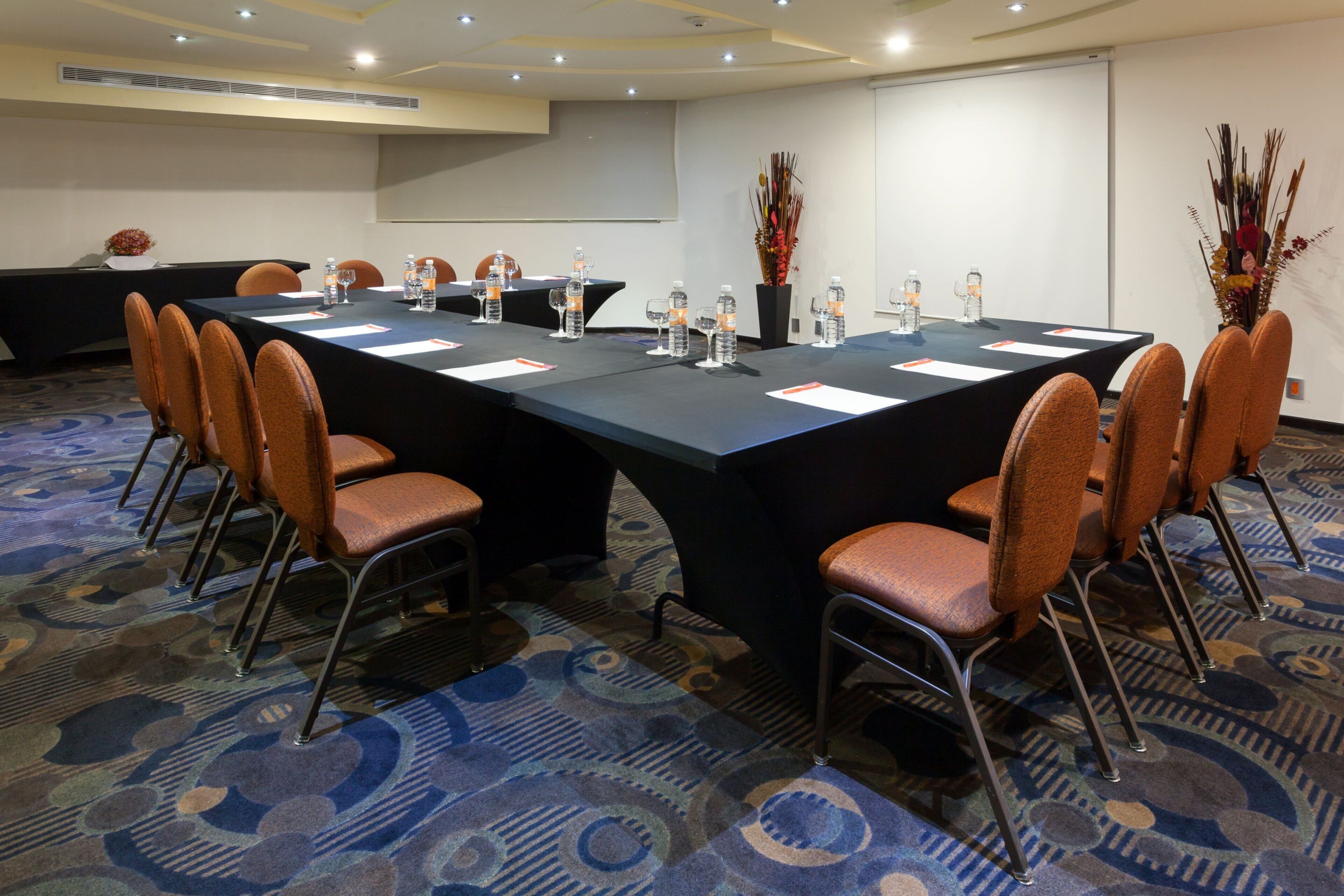 A conference room with a long table, chairs, water bottles, and a decorative plant.