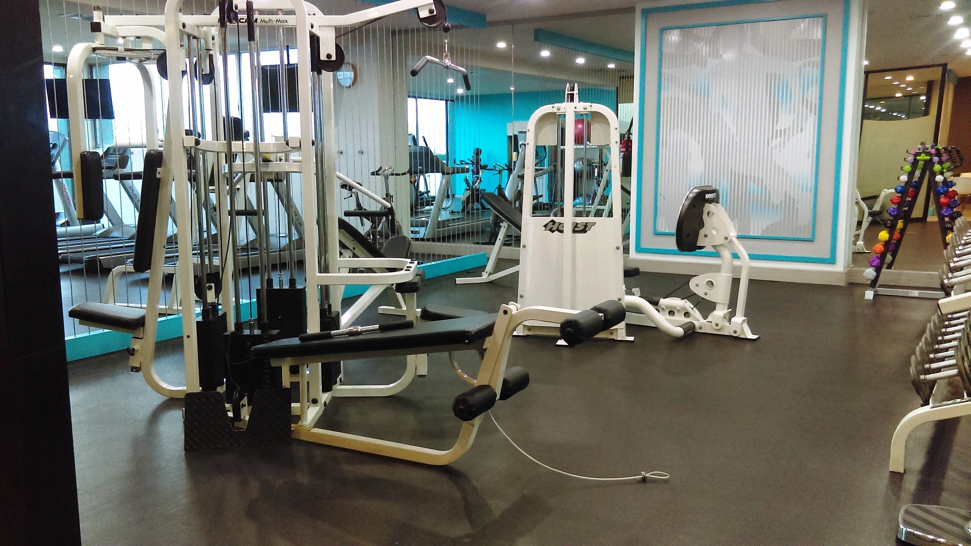 Un gimnasio con diversos equipos de ejercicio, incluyendo máquinas de pesas y pesas libres.