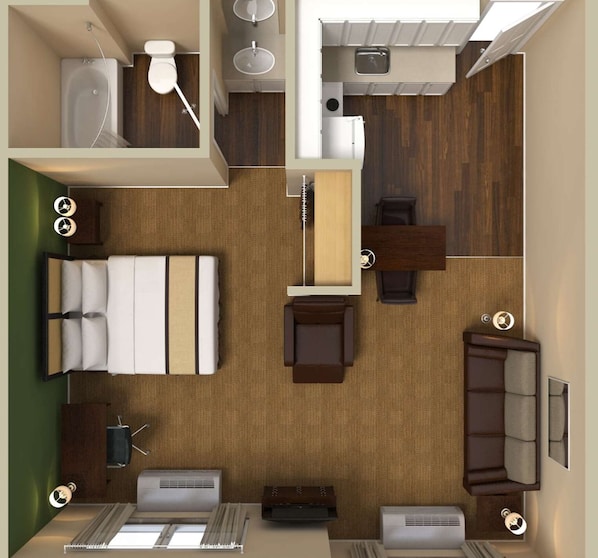 Ein kleines Hotelzimmer mit Bett, Schreibtisch, Stuhl, Tisch, Sofa, Kleiderschrank, Spiegel, Fenster und einem Badezimmer mit Badewanne und Toilette.