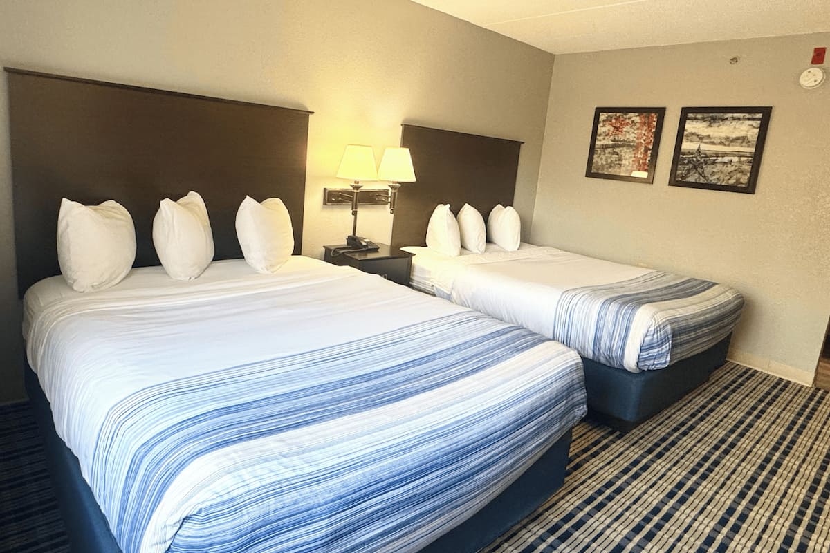 A hotel room with two beds, a nightstand with a lamp, and two framed pictures on the wall.