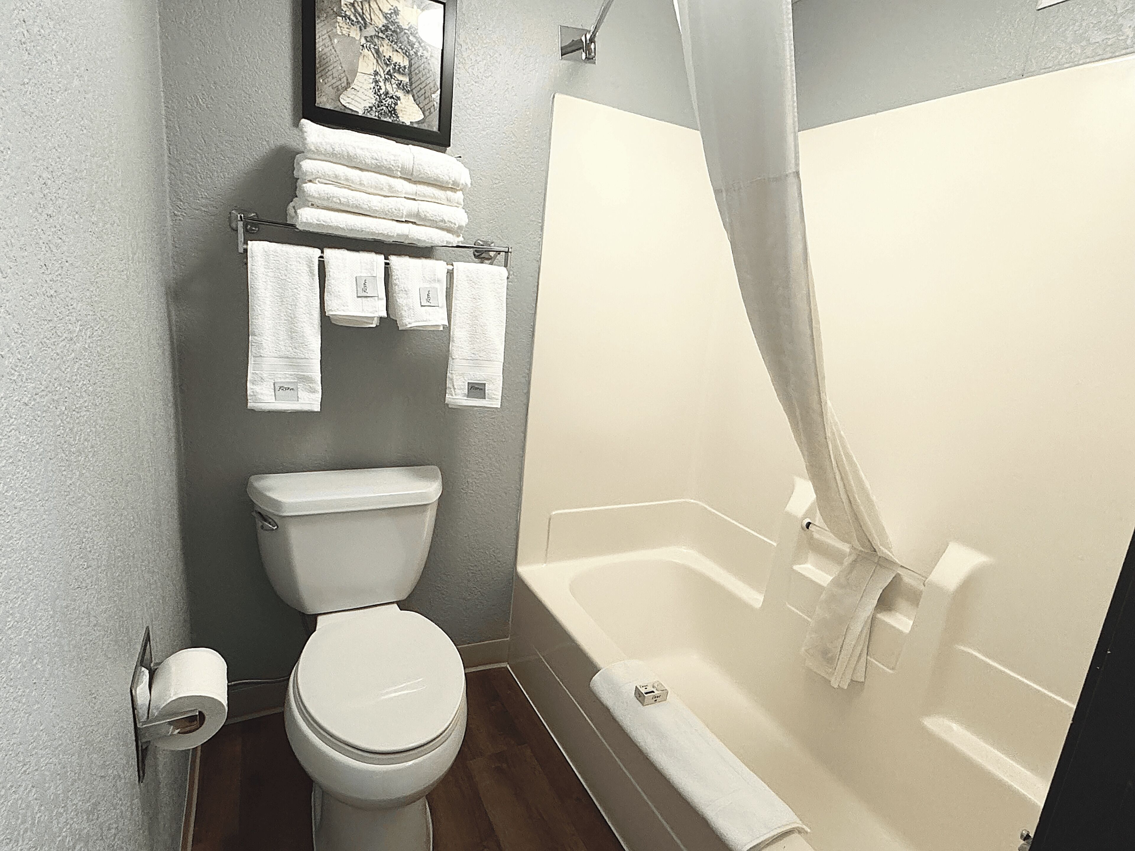 deep-soaking bathtub, hair dryer, towels