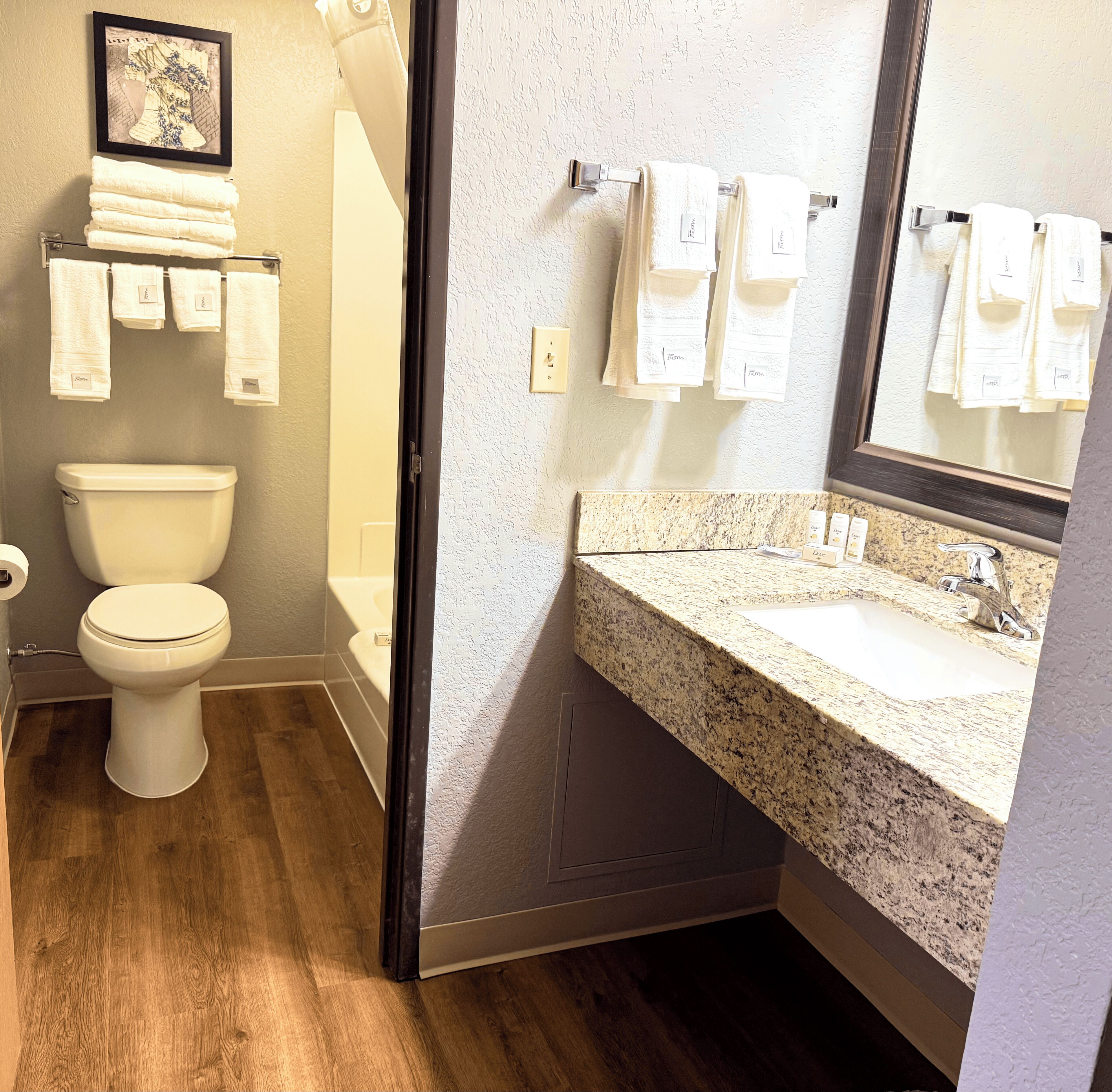 deep-soaking bathtub, hair dryer, towels