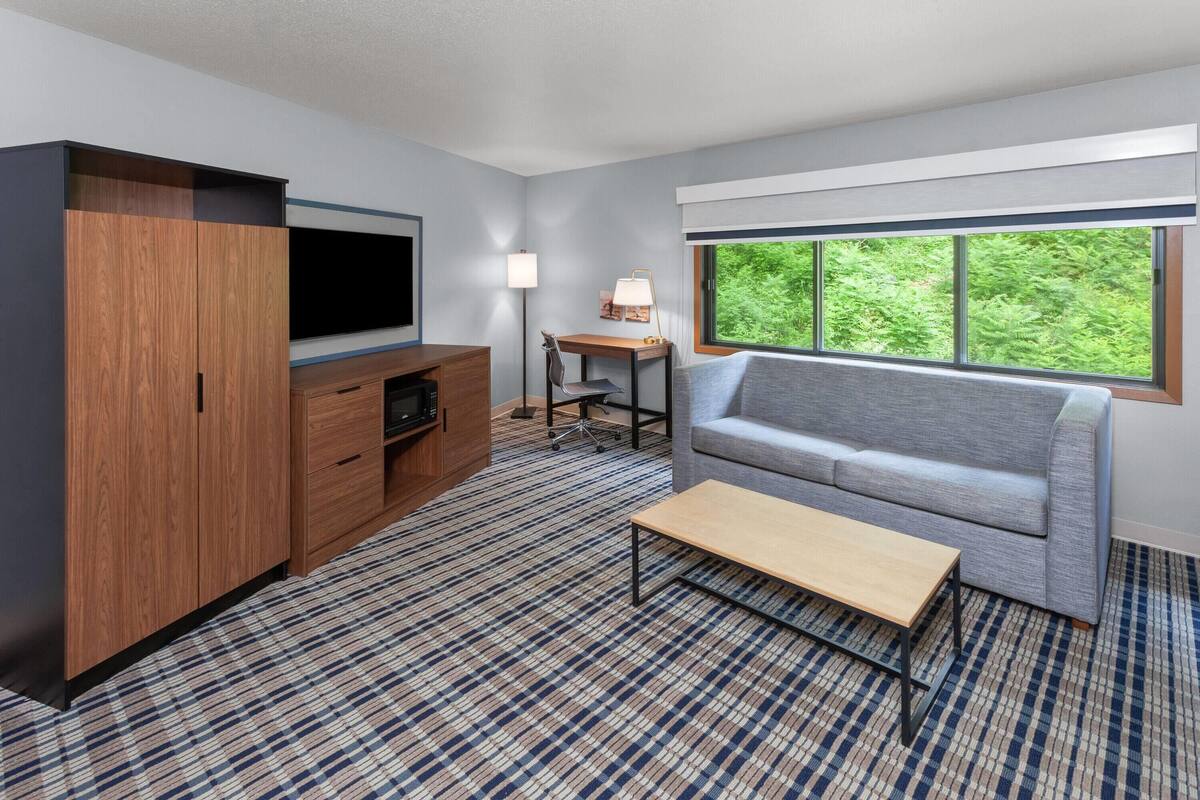 Een moderne kamer met een grijze bank, een houten garderobe, een bureau met een lamp en een groot raam met uitzicht op groen.