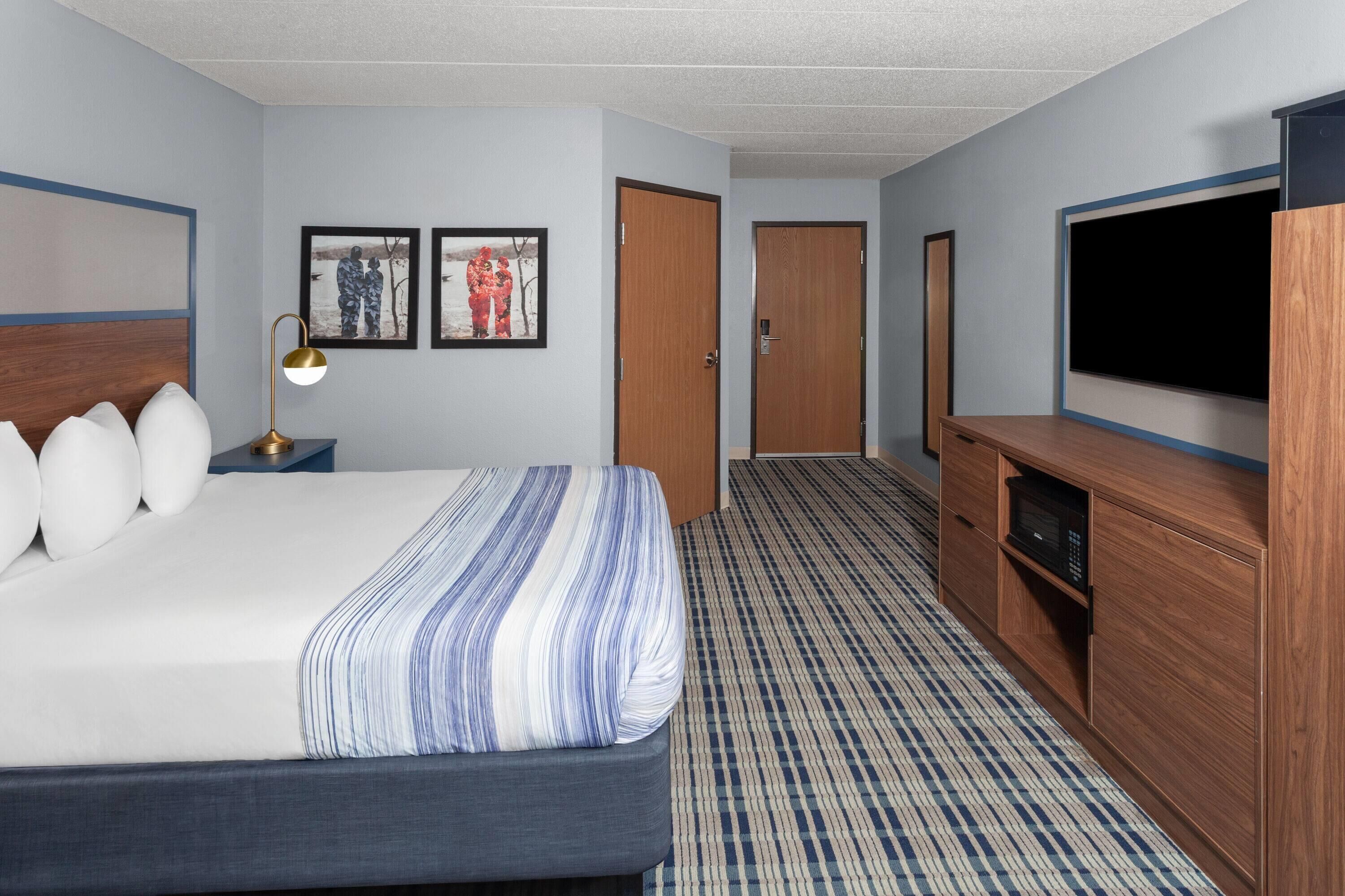 Una habitación de hotel con una cama, televisor, escritorio y microondas.