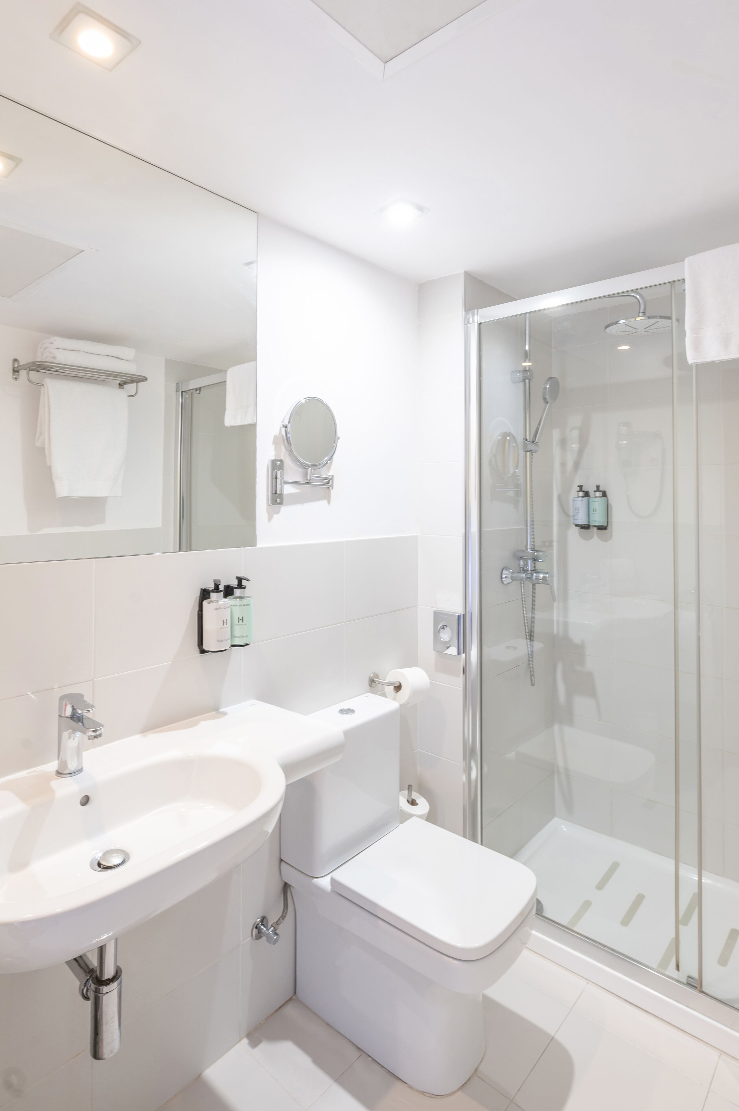 A modern bathroom with a glass-enclosed shower, a white sink, and a toilet.