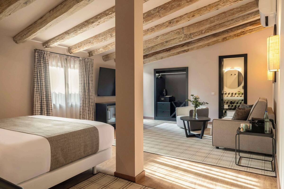 A hotel room with a bed, a desk, a chair, a sofa, a mirror, and a television.
