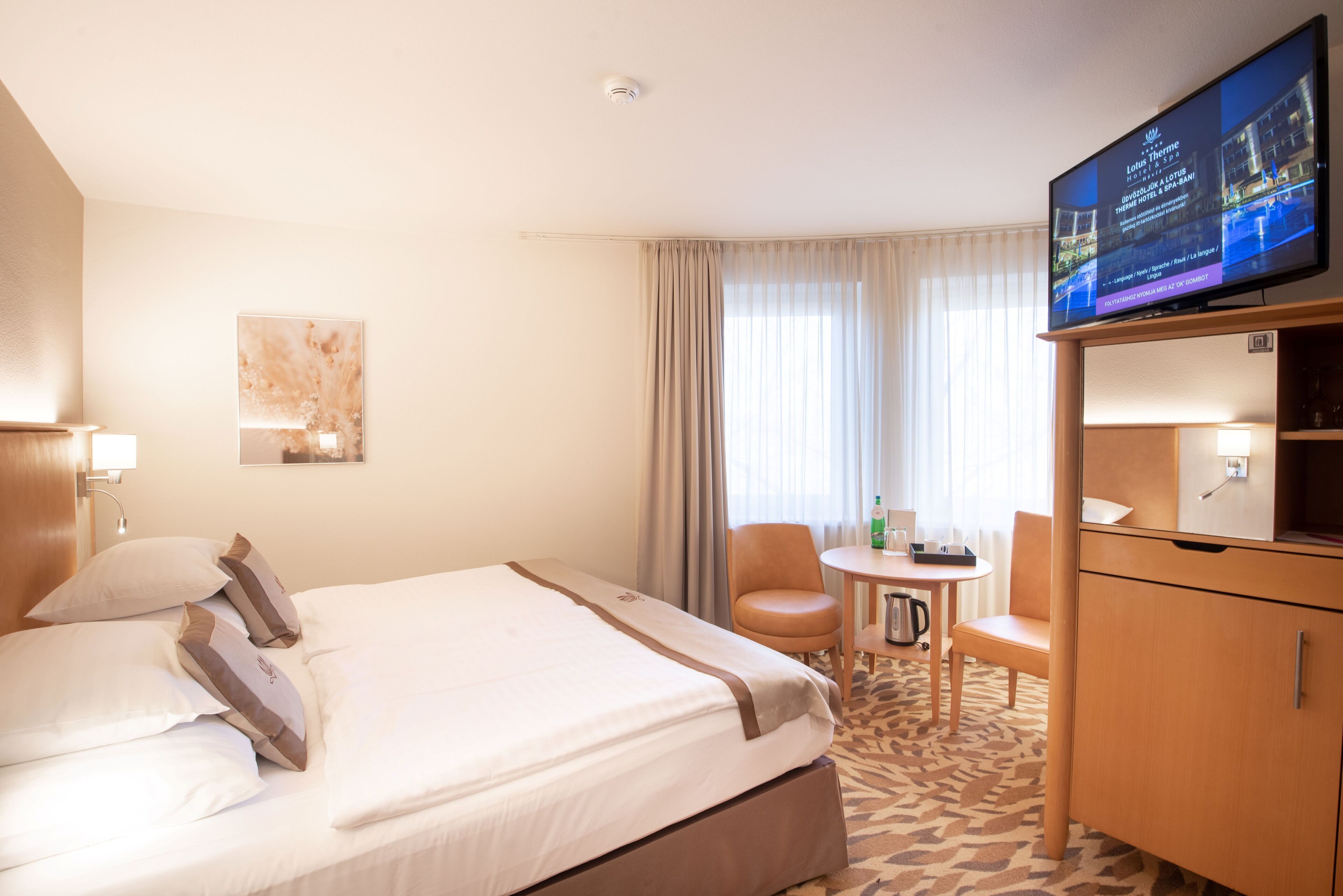 Una habitación de hotel con una cama, televisión, escritorio y una silla.
