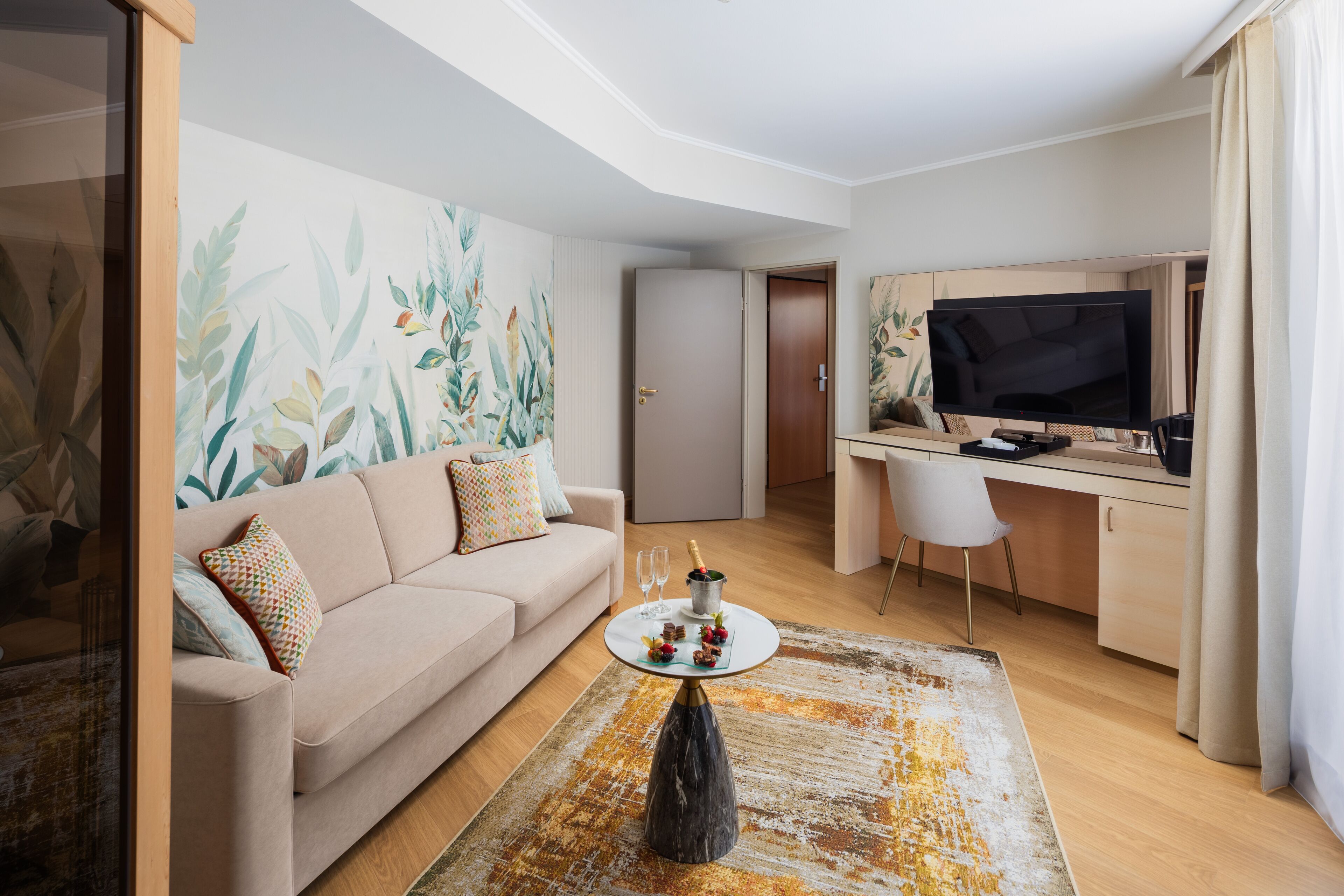 junior studio suite, 1 bedroom jacuzzi& infrasauna | living area | 120-cm lcd tv with cable channels, tv