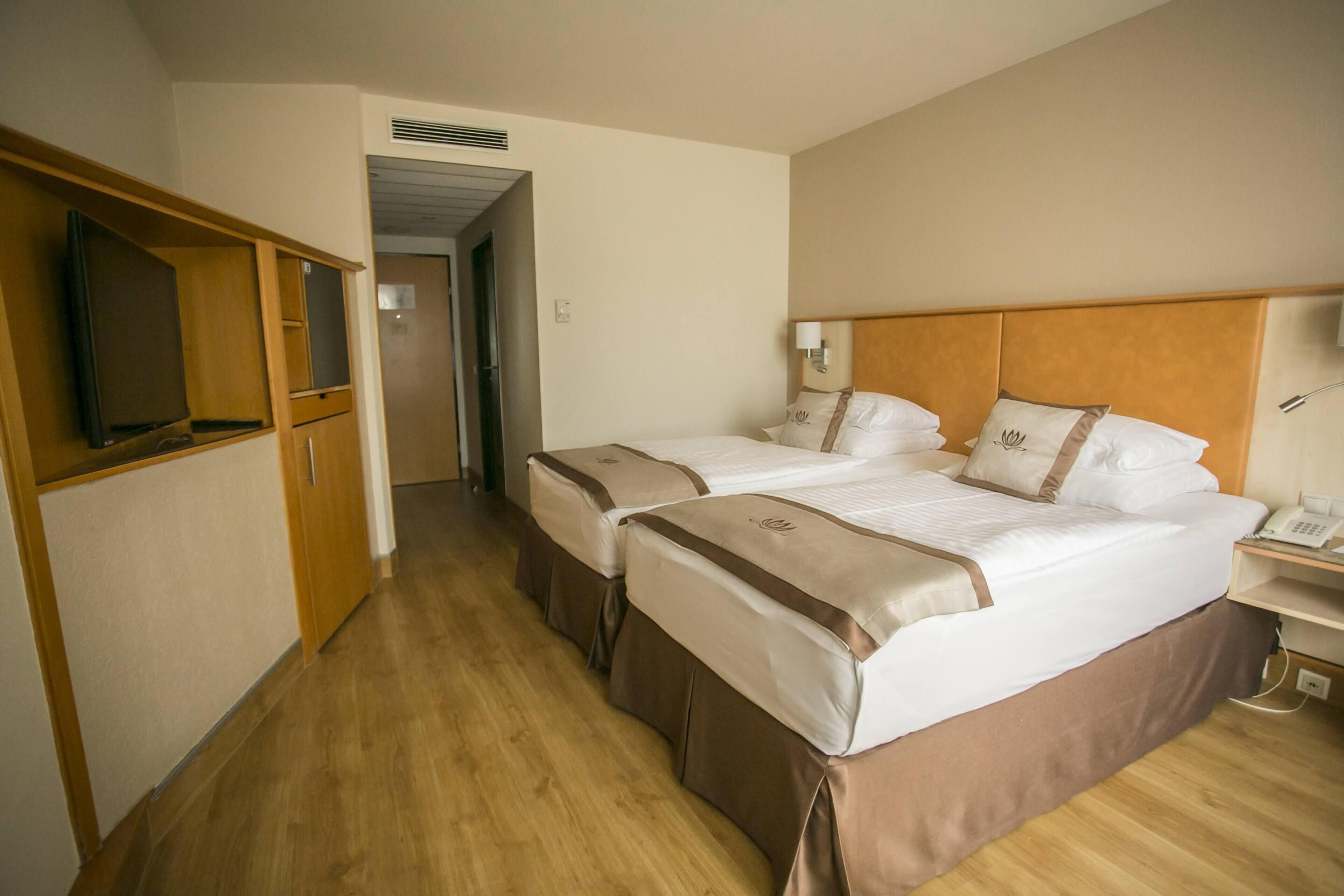 A hotel room with two beds, a television, and a telephone.