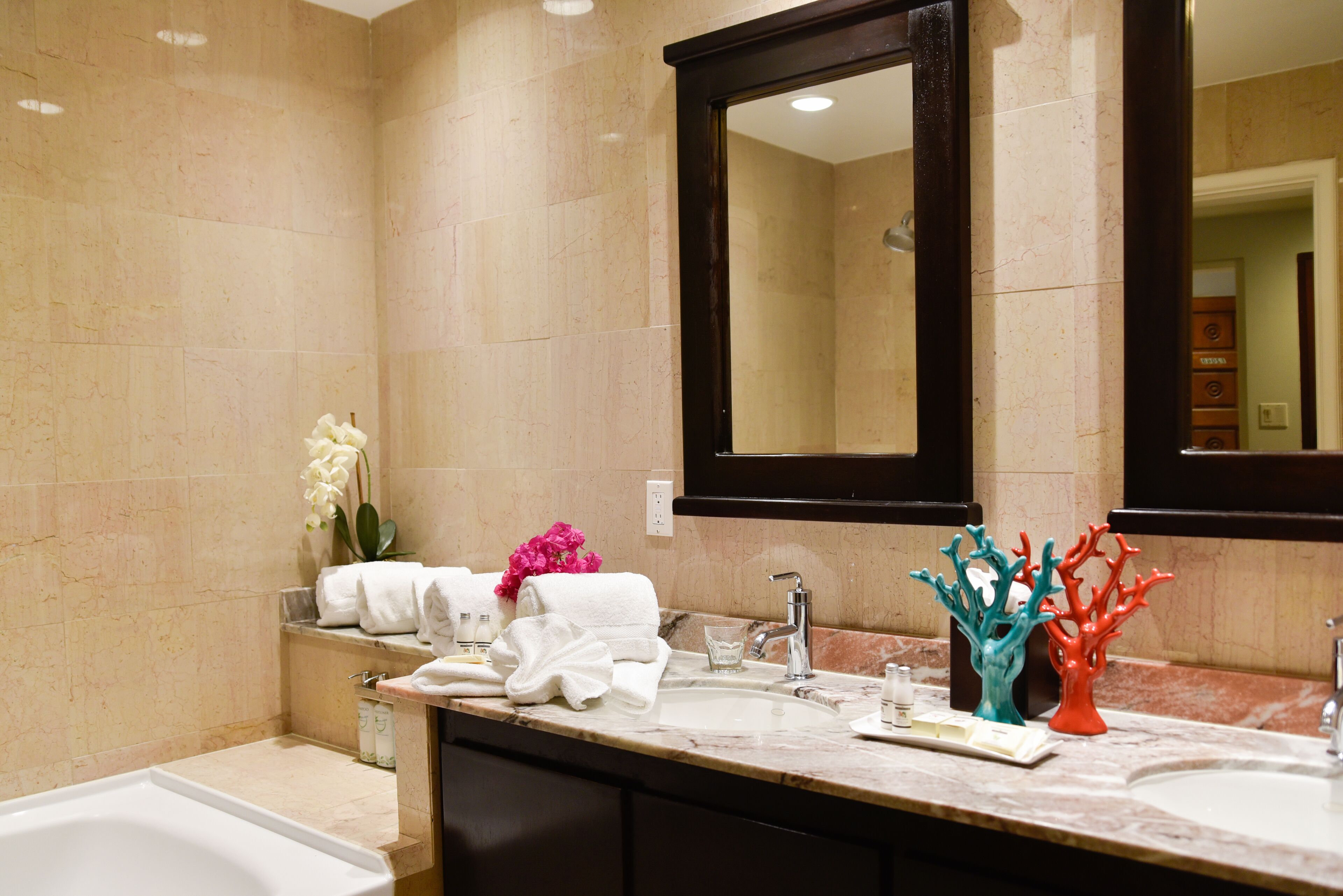 combined shower/bathtub, jetted bath, free toiletries, hair dryer