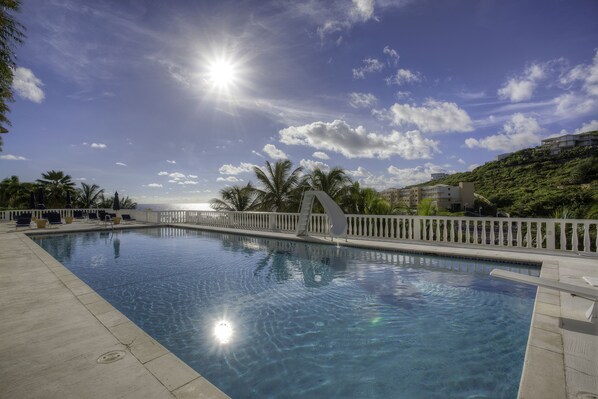 Outdoor pool, pool umbrellas, pool loungers