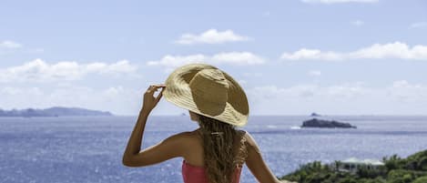 En person i en lyserød kjole står på en balkon med udsigt over havet og landskabet i det fjerne.