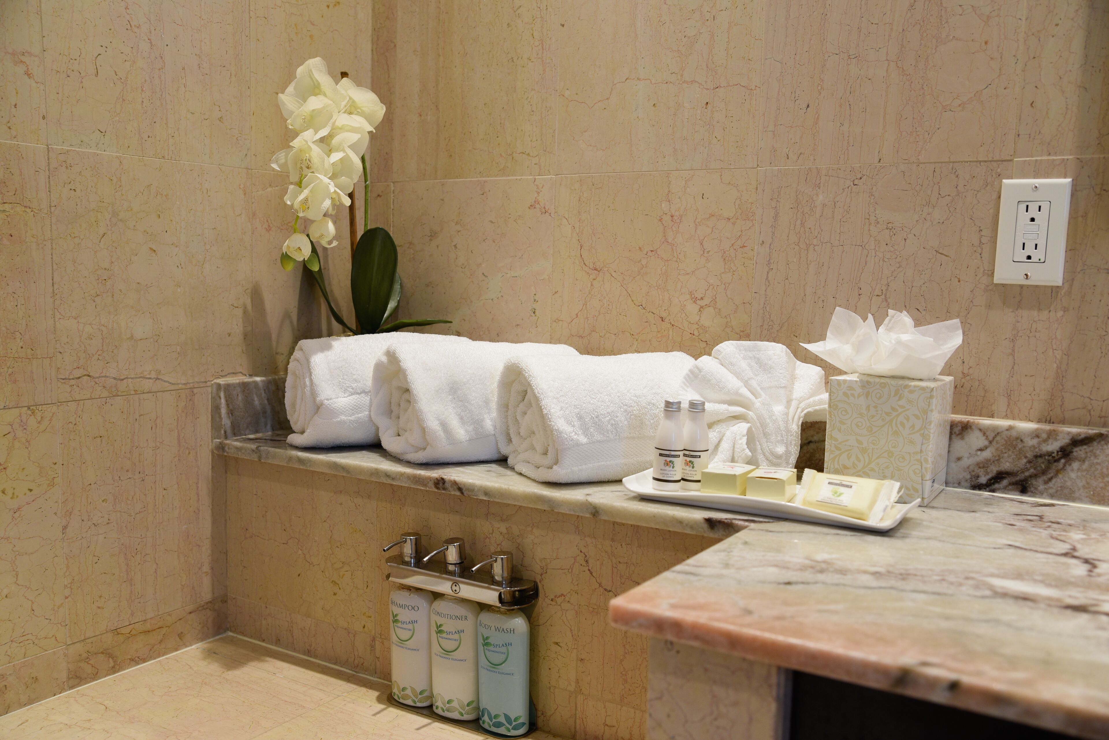 combined shower/bathtub, jetted bath, free toiletries, hair dryer