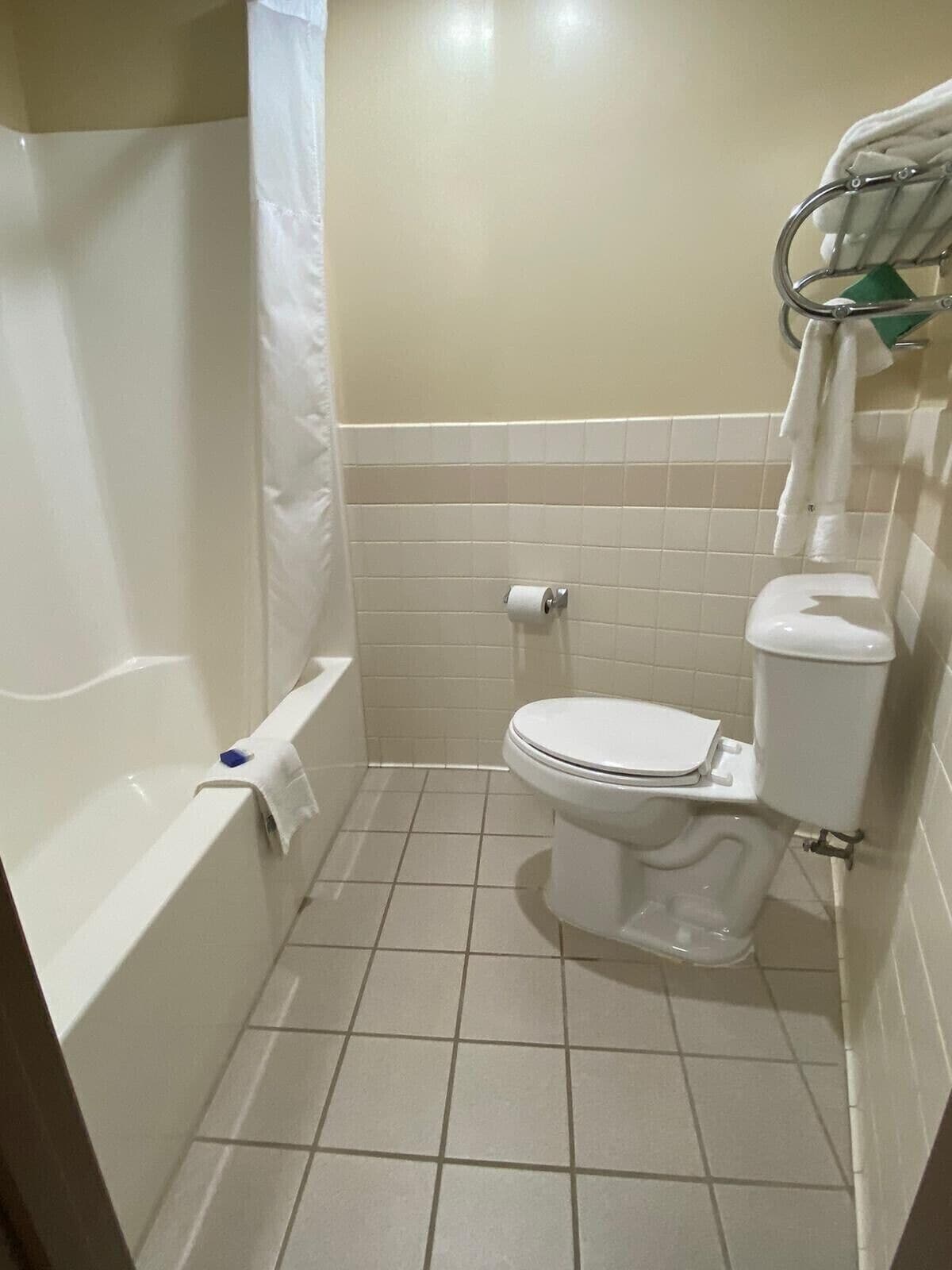 A small, clean bathroom with a toilet, a bathtub, and a shower curtain.