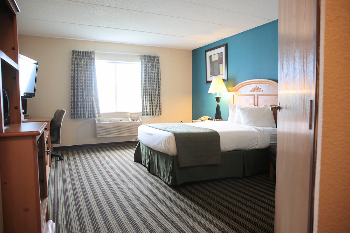 A hotel room with a bed, a desk, a chair, a window with curtains, a wall-mounted TV, and a lamp.