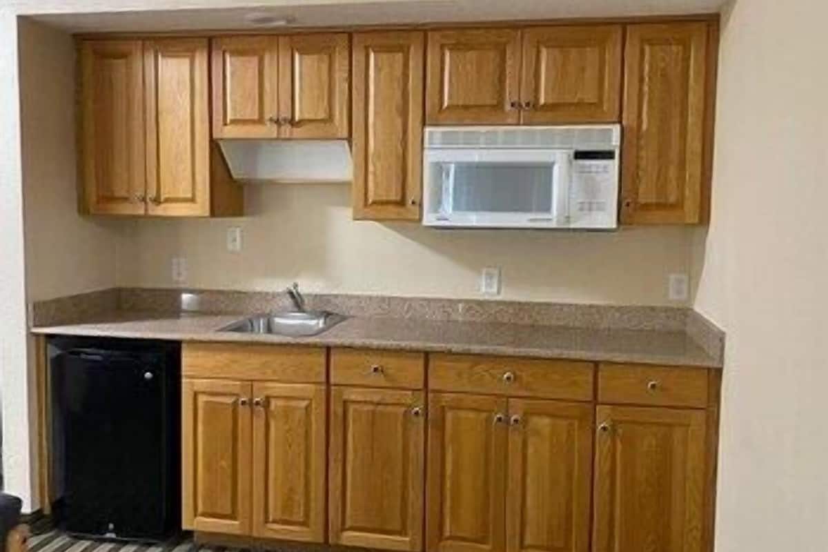 A compact kitchen with wooden cabinets, a microwave, and a dishwasher.