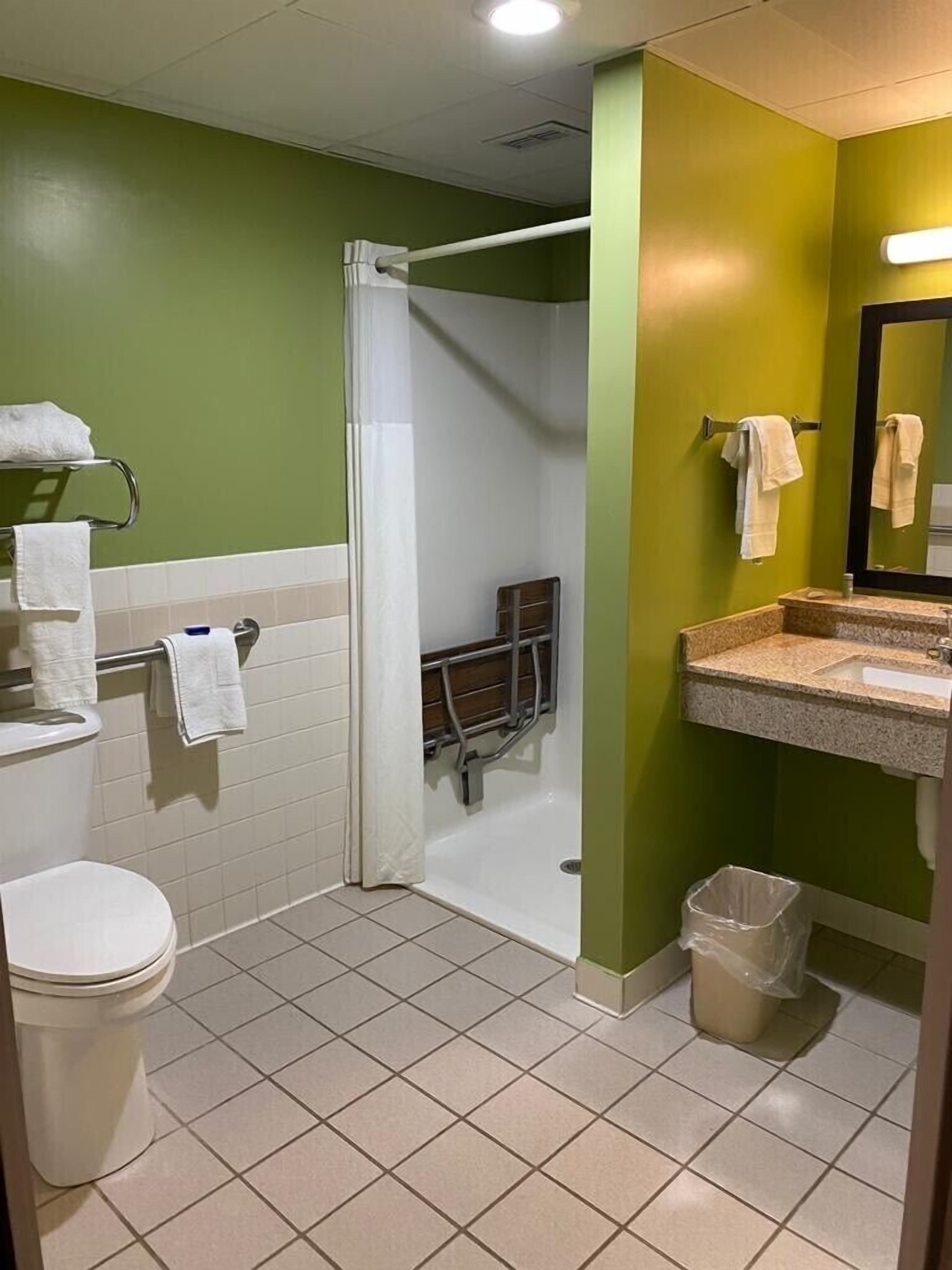 Un baño con ducha, inodoro y lavamanos.
