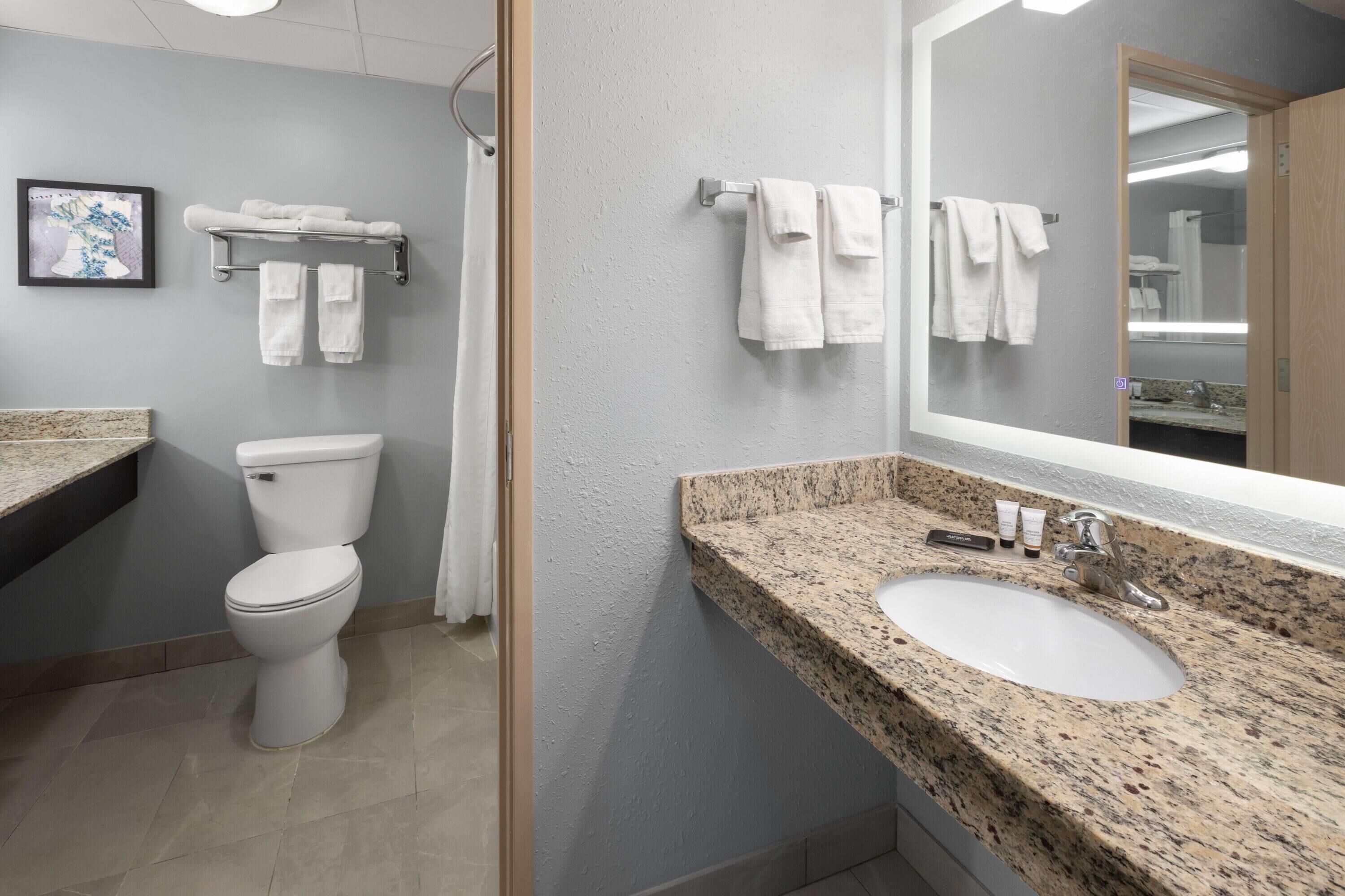 A bathroom with a toilet, sink, and towel rack.