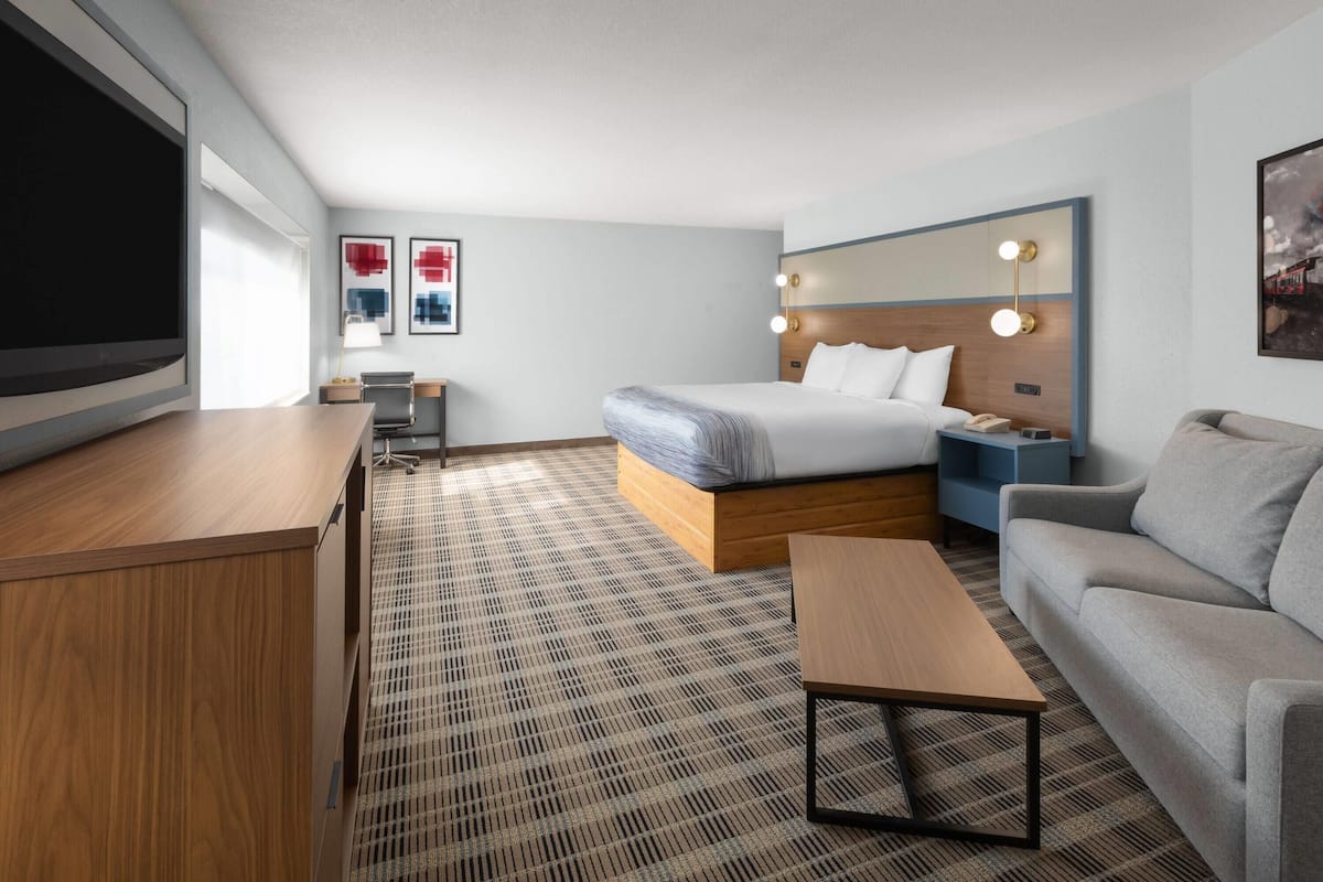 Une chambre d’hôtel avec un lit, un bureau, un canapé, une télévision et une moquette à motifs.