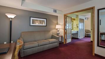 Desk, blackout drapes, soundproofing, iron/ironing board