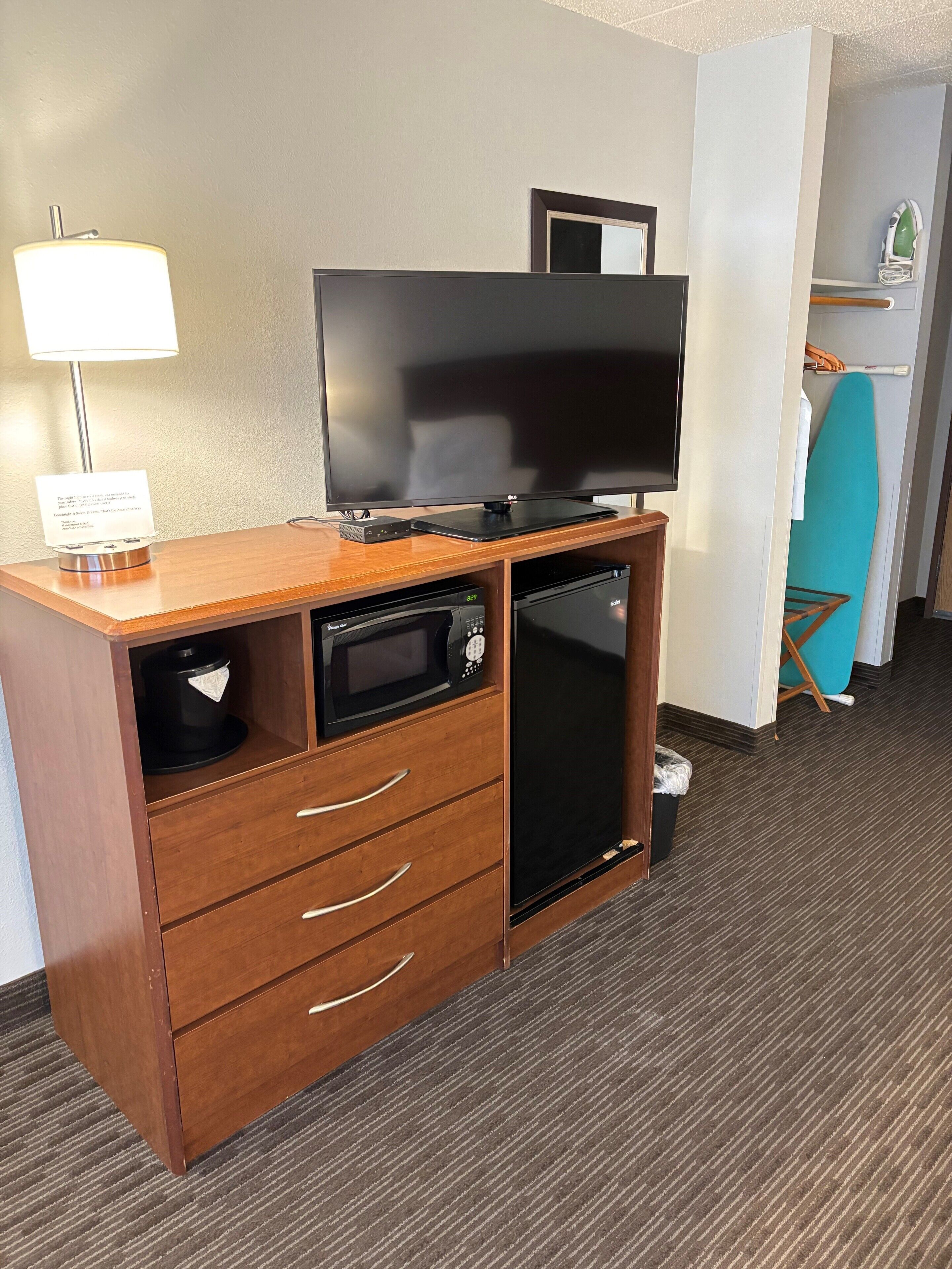 desk, blackout curtains, soundproofing, iron/ironing board