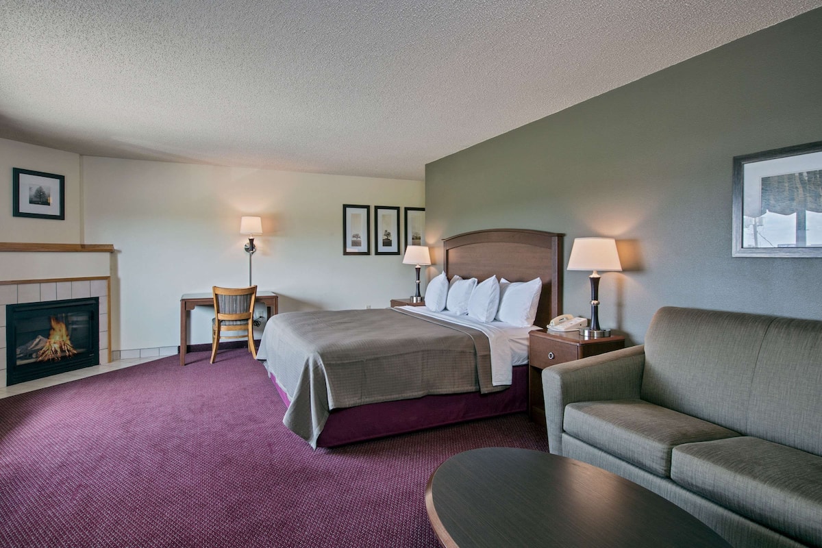 A hotel room with a bed, a sofa, a desk, and a fireplace.