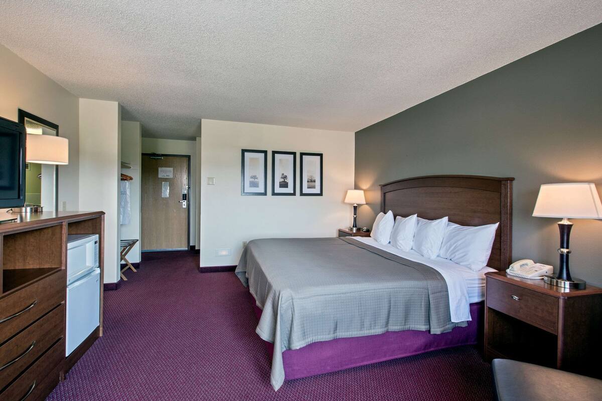 A hotel room with a bed, bedside tables, a desk, a refrigerator, and a mirror.