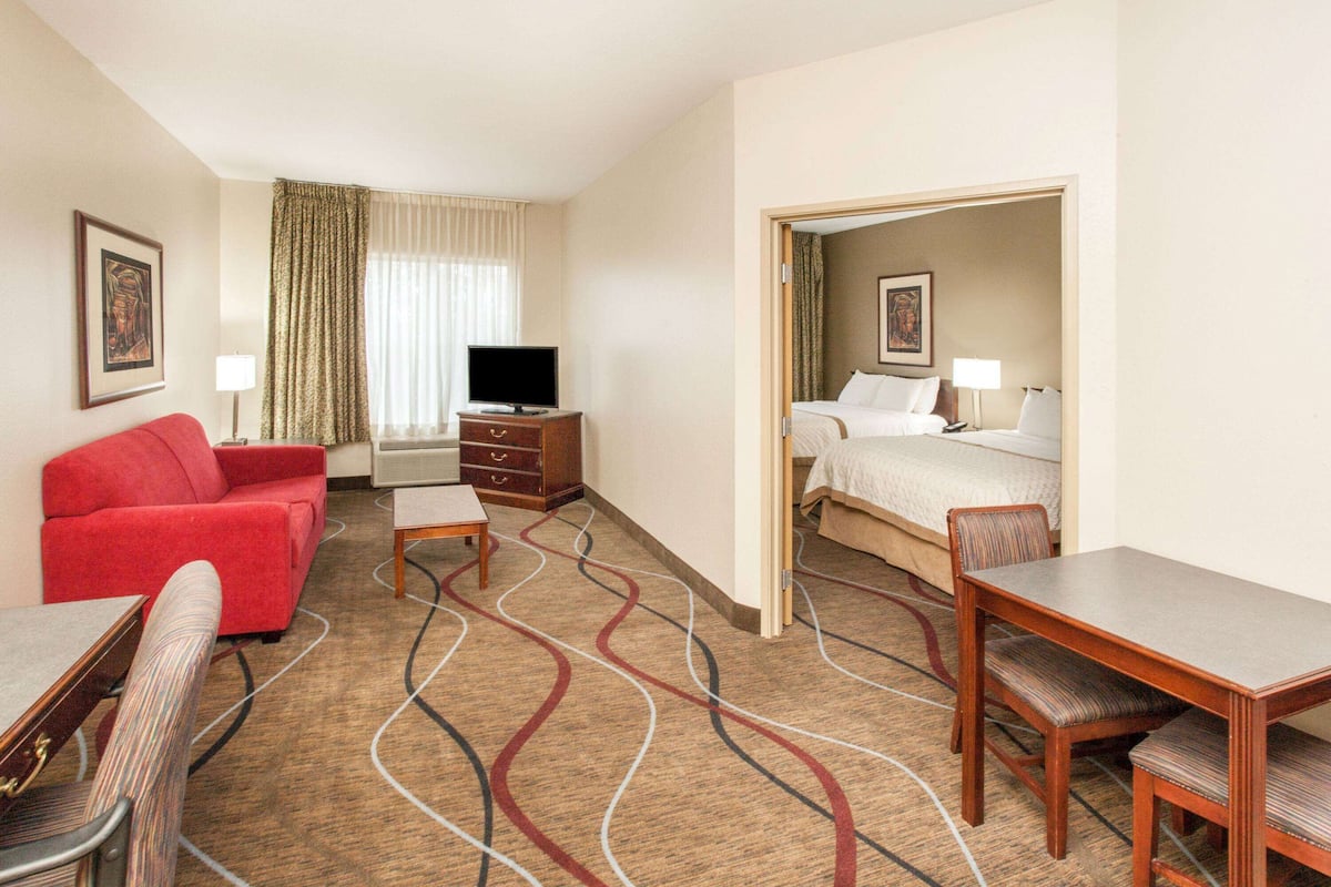 Une chambre d’hôtel avec un canapé rouge, une table en bois, une télévision, un lit et un tapis à motifs ondulés.