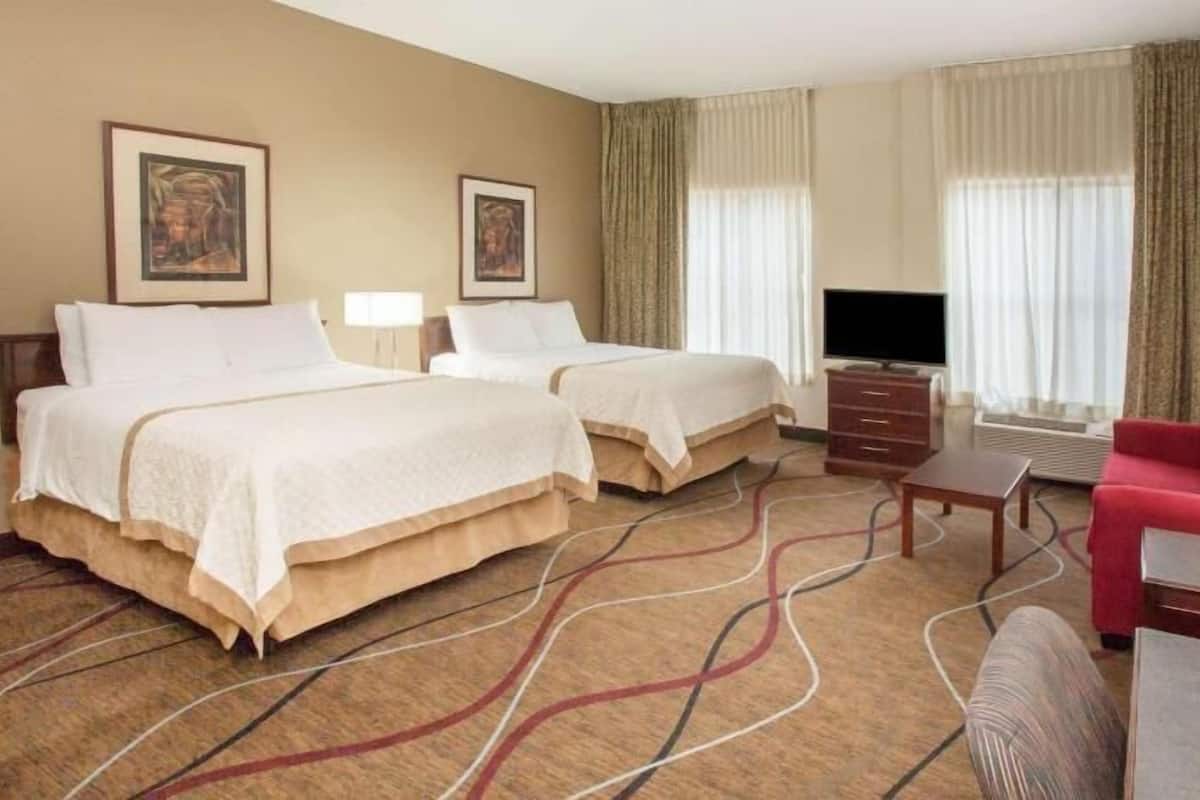 Une chambre d’hôtel avec deux lits, une télévision, un canapé rouge, un bureau et une moquette à motifs.