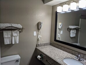 Hair dryer, towels, soap, toilet paper