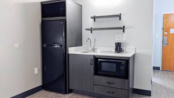 Fridge, microwave, coffee/tea maker, toaster