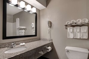Hair dryer, towels, soap, toilet paper