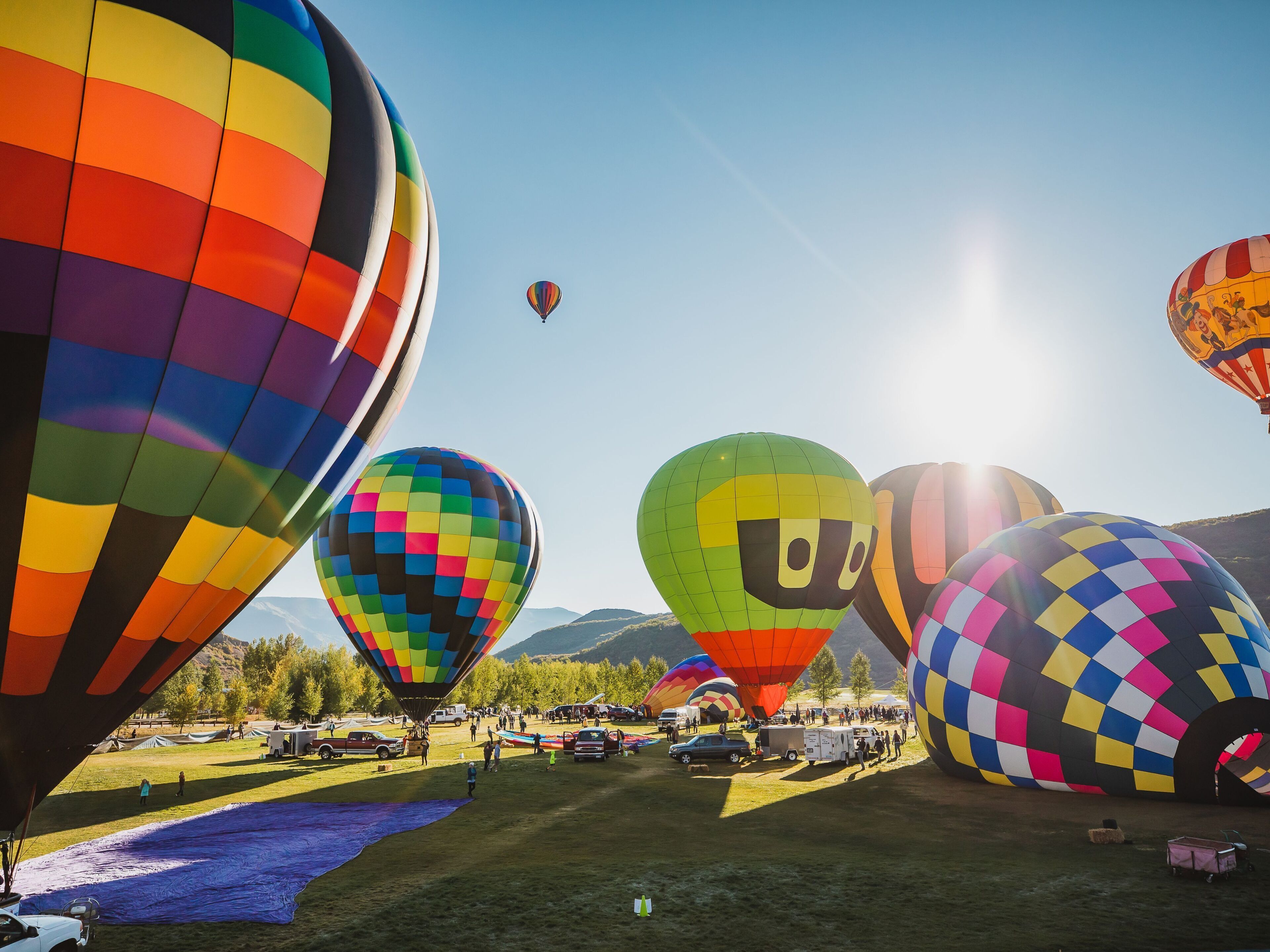 A field of colorful hot air balloons with a clear sky and mountains in the background.
