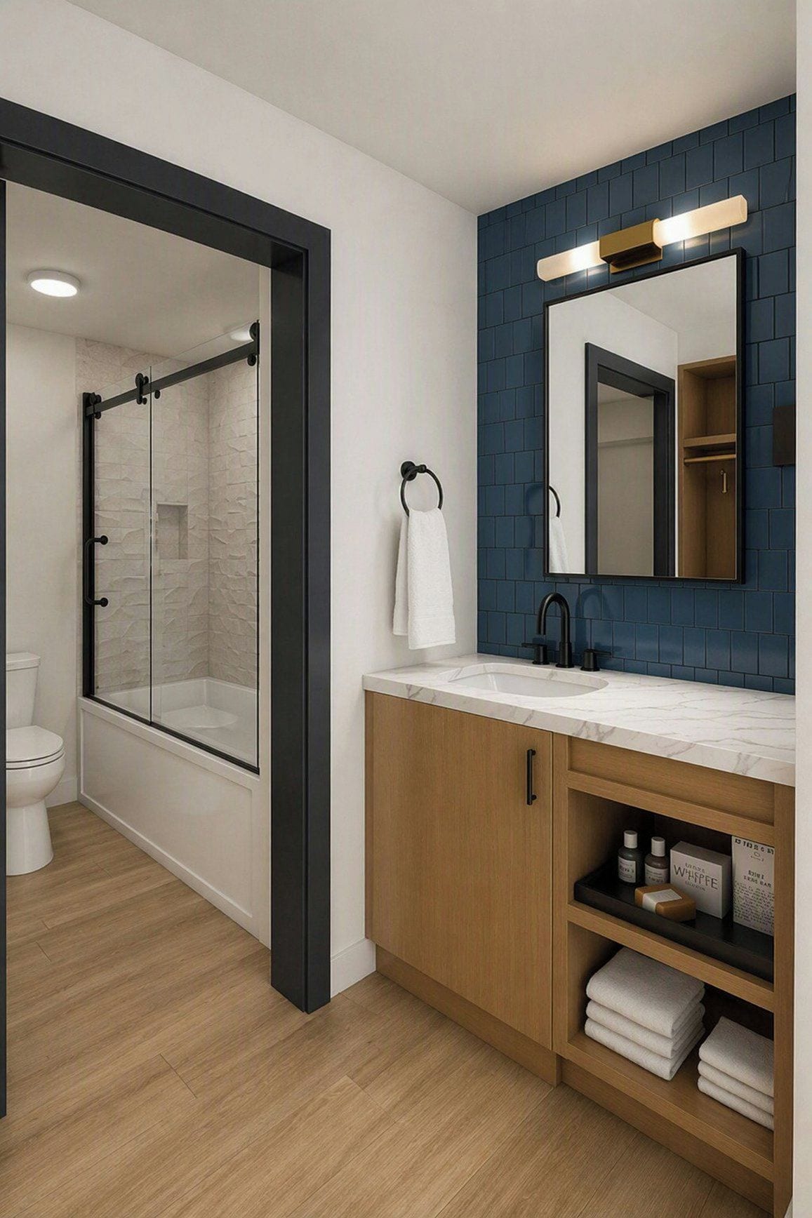 Un baño moderno con cabina de ducha de vidrio, inodoro blanco, encimera de mármol, armarios de madera y pared revestida de azulejos azules.