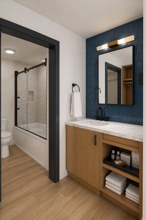Ensemble baignoire-douche, articles de toilette (gratuits)