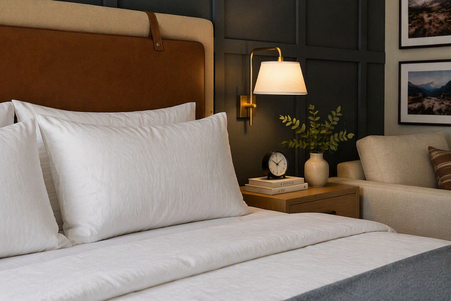 A neatly made bed with white linens, a wooden headboard, a bedside table with a lamp, a clock, and a small plant.