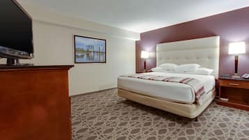 A hotel room with a large bed, a TV, a framed picture on the wall, and a patterned carpet.