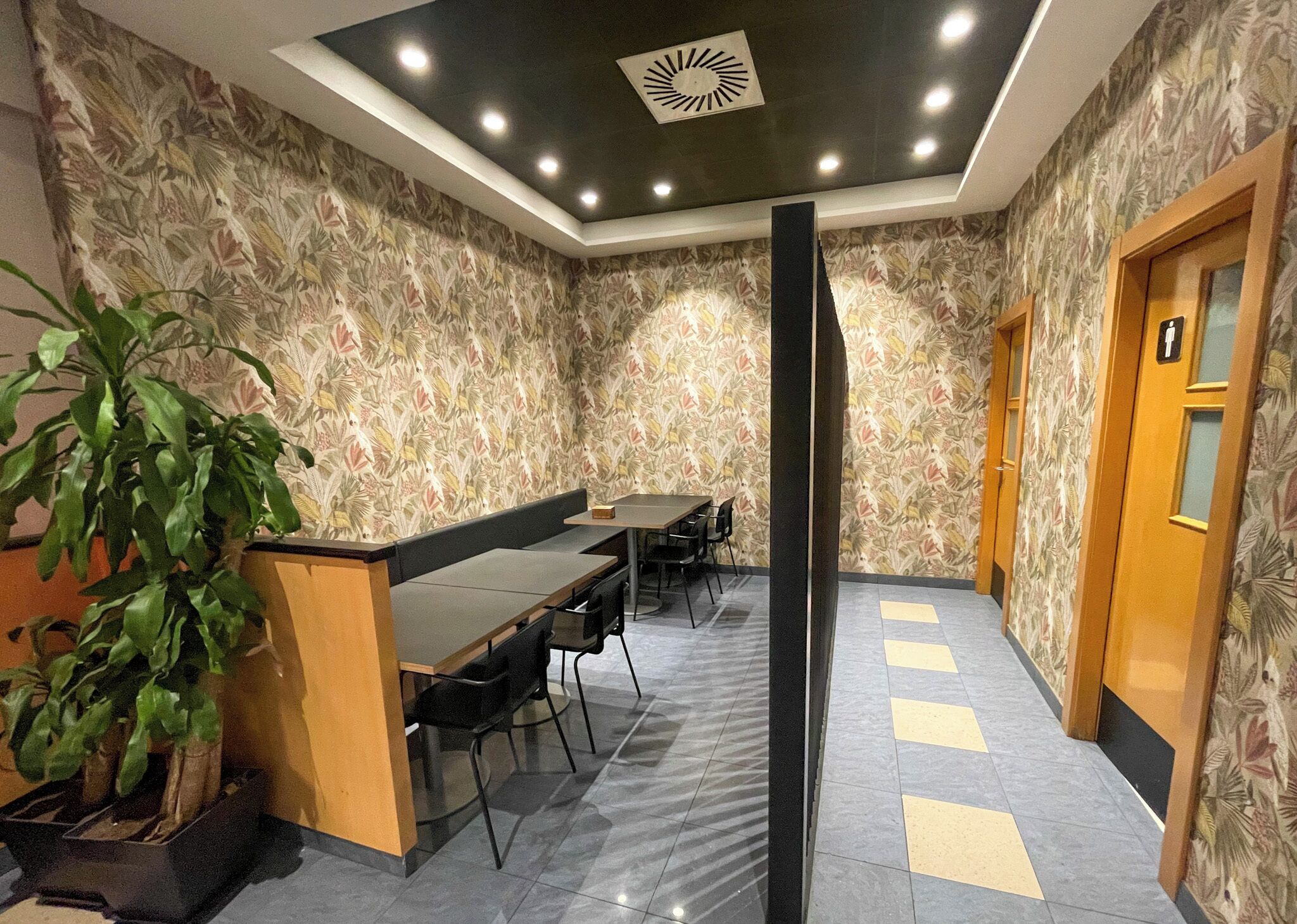 A conference room with a long table, chairs, a potted plant, and patterned wallpaper.