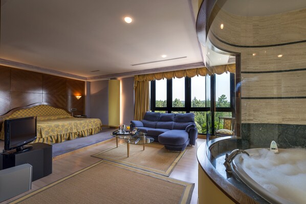 Una habitación de hotel moderna con una cama grande, un sofá, un televisor, una mesa de centro y una bañera.