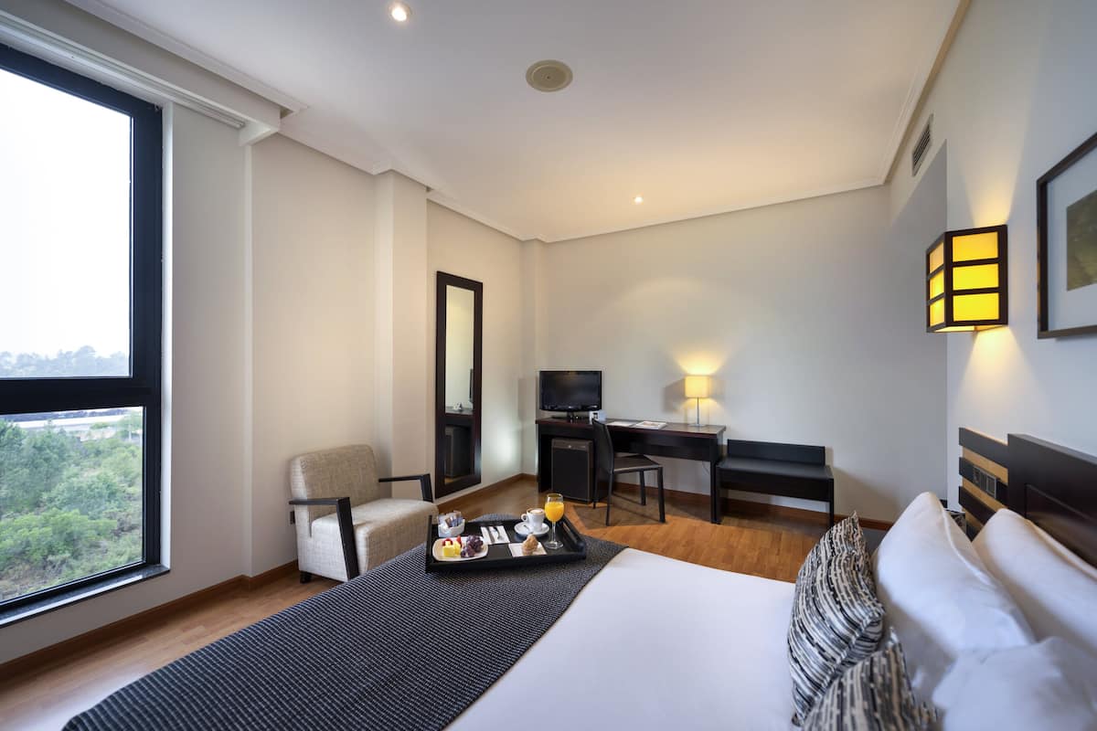 A hotel room with a bed, a desk, a chair, a TV, and a window with a view of greenery.