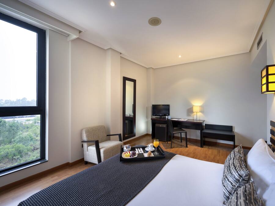 Habitación de hotel con cama, escritorio, silla, televisión y ventana con vista a zonas verdes.