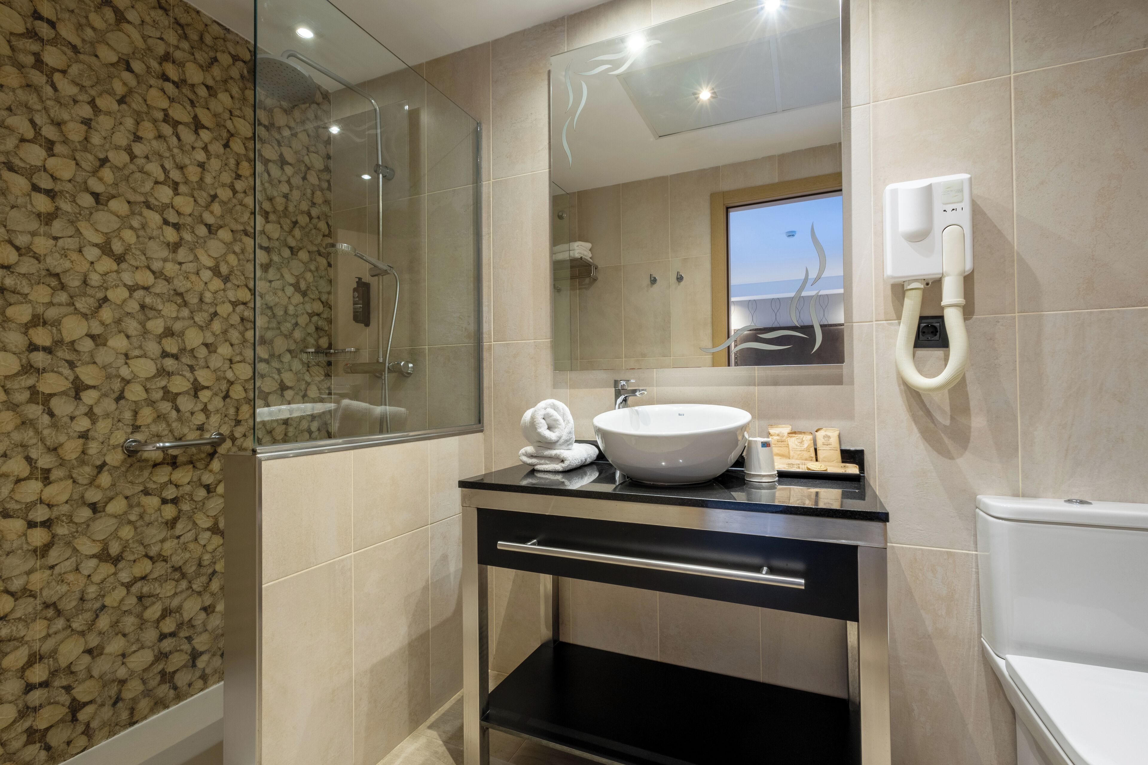 hair dryer, towels, soap, shampoo