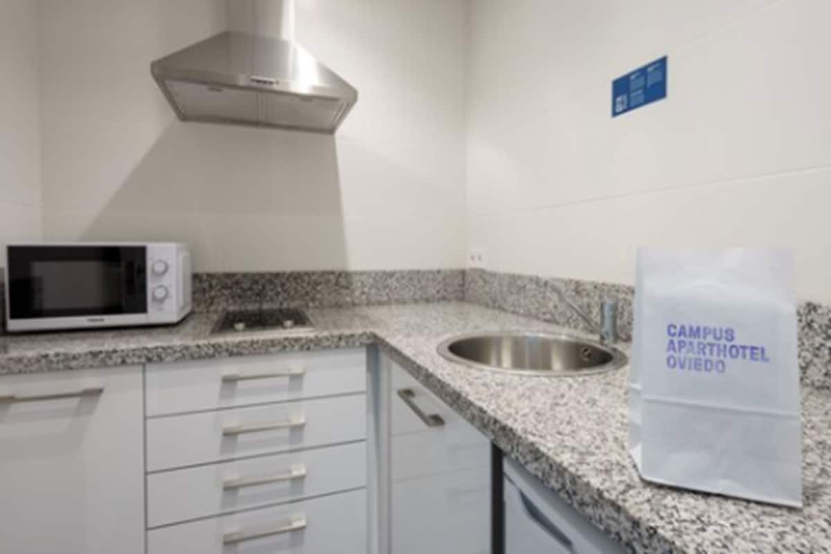 A kitchenette with a microwave, sink, and cabinets. A sign on the wall reads "CAMPUS APARTHOTEL OVIDO".
