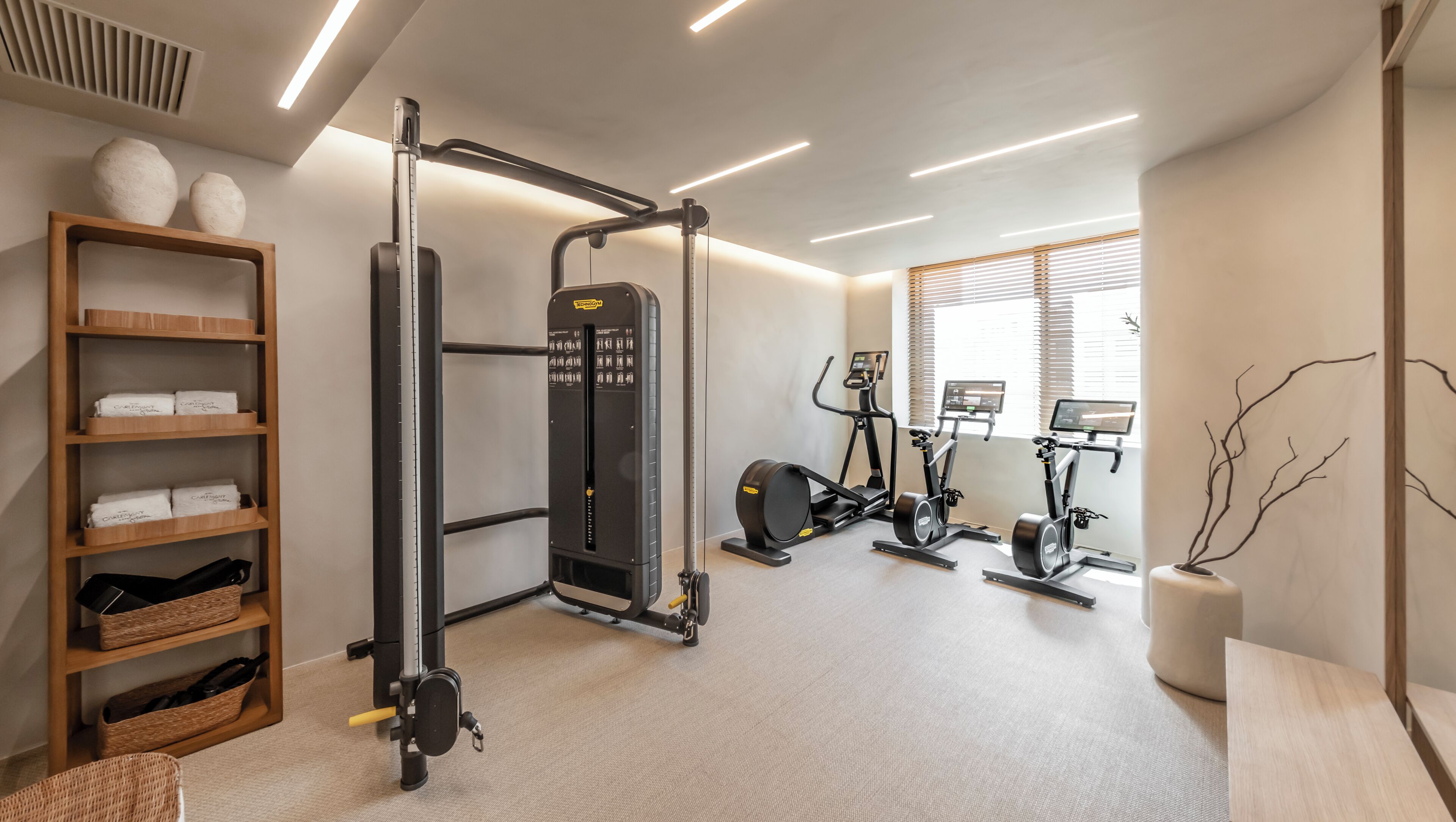 Un gimnasio en casa con una banca de pesas, una bicicleta estática y una cinta de correr.