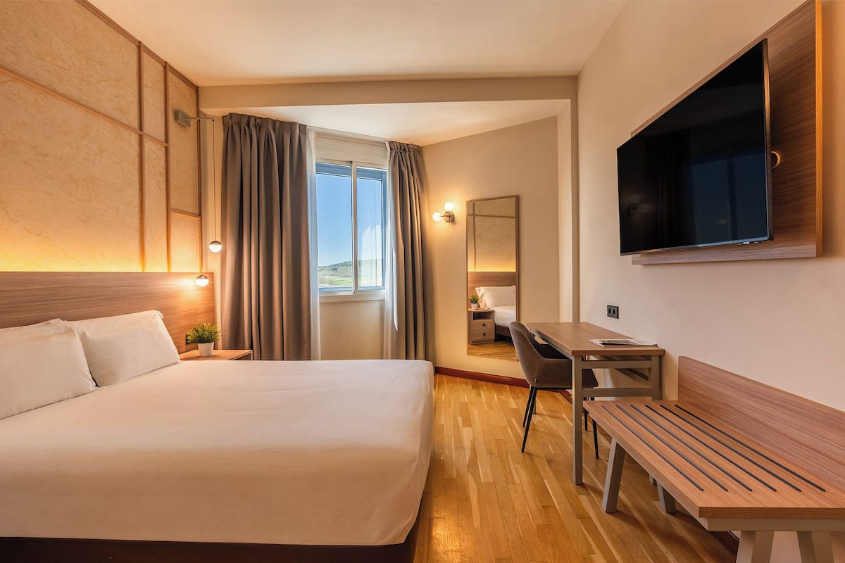Habitación de hotel con cama, escritorio, silla, televisión y vistas al exterior.