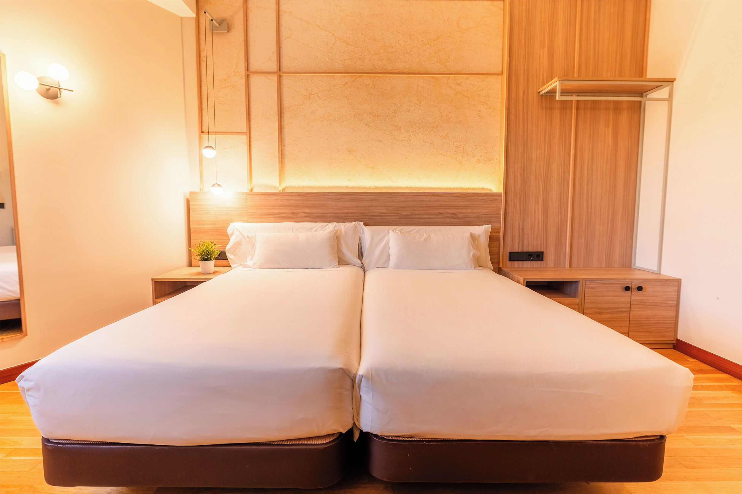 A double bed with a wooden headboard, bedside tables, and a small plant.