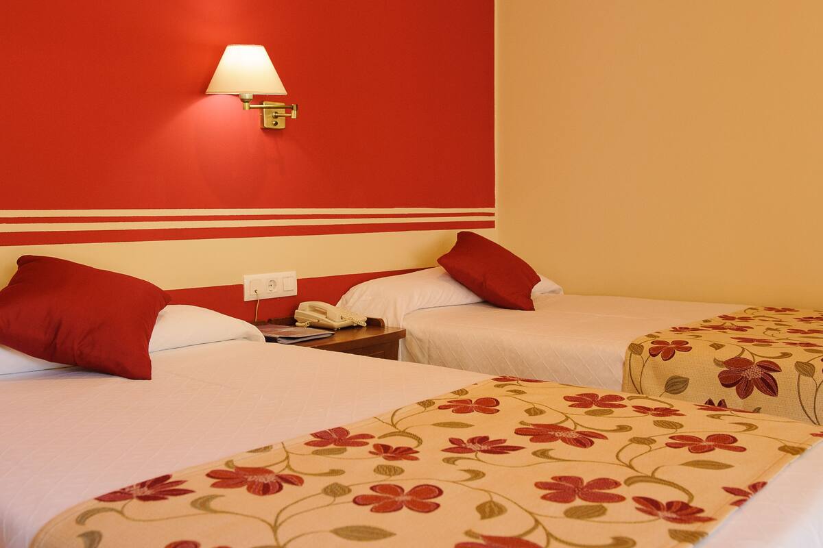A hotel room with two beds, each with a red pillow, a bedside table with a lamp, and a phone.